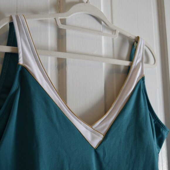CEEB Retro Blue, White and Gold V Neck Thick Strap One Piece Swimsuit Size 24W - Picture 9 of 9
